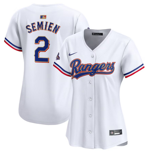 Women's Texas Rangers #2 Marcus Semien White 2024 Gold Collection Stitched Baseball Jersey(Run Small)
